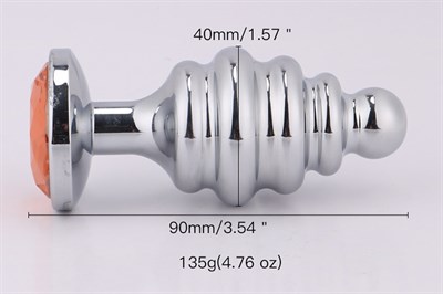 Анальная пробка ребристая металл серебро, цвет страз в ассорти, 9*4см 01000309901